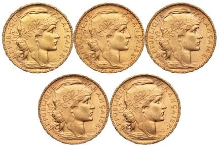 FRANKREICH. 
5 x 20-Franc-Goldmünzen „Coq“, 1907. 