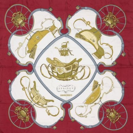 HERMES. 
"Springs" silk scarf with gold-toned moti