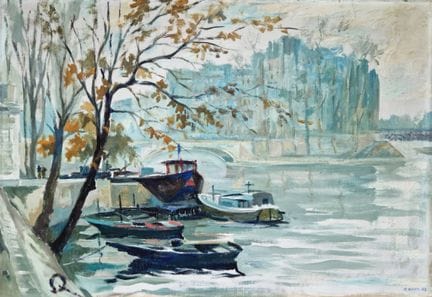 皮埃尔·德梅特 巴黎：《从蒙特贝洛眺望西岱岛》，1953年。布面油画，右下角署名并标注日期。54 x
