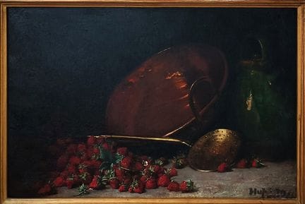 19世纪末至20世纪初画派。草莓与铜器静物画。布面油画，54 x 82 厘米，右下角有签名痕迹。