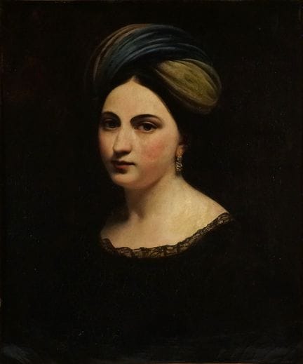 19世纪画派。戴头巾的女子。布面油画（重新裱画）。镀金木框。64 x 53 厘米