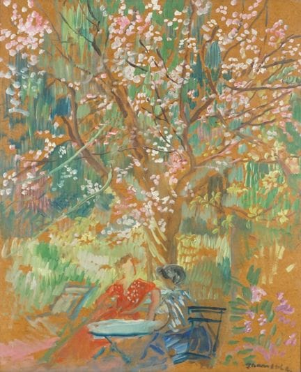 埃米利奥·格劳-萨拉（1911-1975）《在花园里》，约1950年。梅森板油画。右下角有签名。46