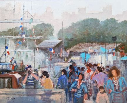 马塞尔·佩尔蒂埃（1924-1998）《鲁昂阿玛达码头的散步者》。布面油画，左下角有签名。已装裱。6