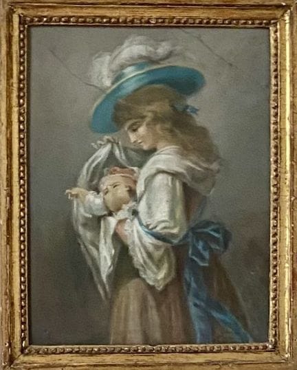 18世纪画派。女子与孩童。粉笔画（有破损）。40 x 30 厘米。同期镀金木框。