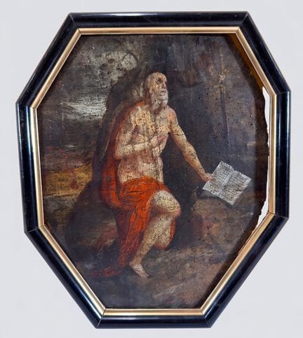 19世纪画派。宗教题材。八边形木板上油画。高33厘米