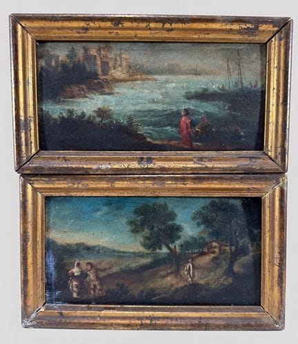 19世纪画派。生动的风景画。两幅木板油画，成对。12 x 23 厘米