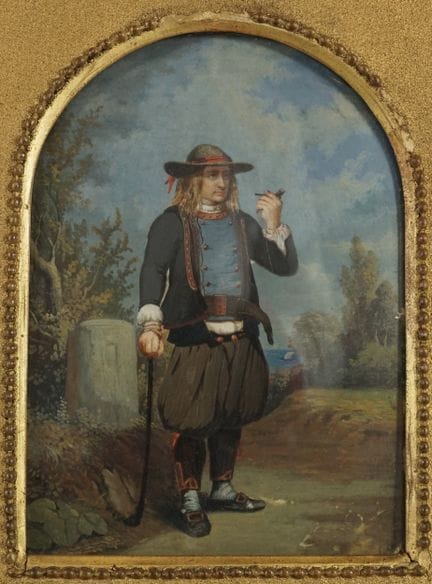 19世纪画派。身着布列塔尼传统服饰的男子。水粉画。18 x 13 厘米。带画框