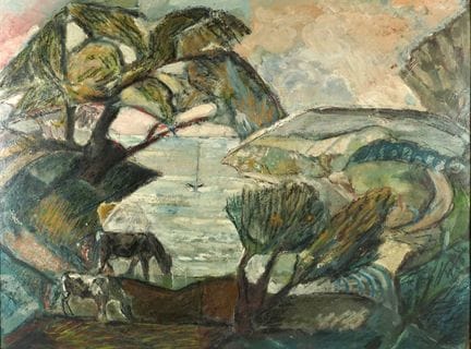 马克斯·雅各布（1876-1944）《布列塔尼风景与两头牛》。纸板油画，辅以油性粉彩点缀。未署名。4