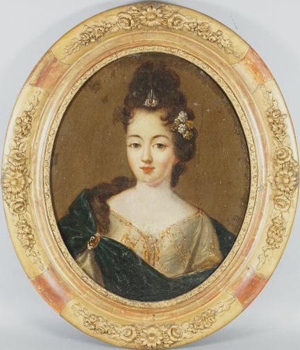 约1700年法国画派。一位贵妇的肖像。41 x 33 厘米（经修复、重绘）