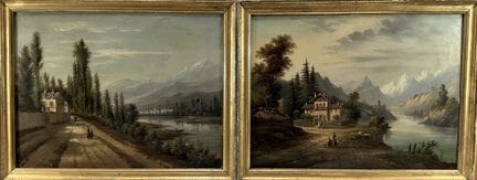 Ecole XIXe. Paysage de lac et de montagne. Deux hu