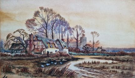 "ÉCOLE ANGLAISE Cottage près de la rivière, 1909. 