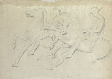 ECOLE XXe .Cavaliers. Dessin au crayon. Dimensions