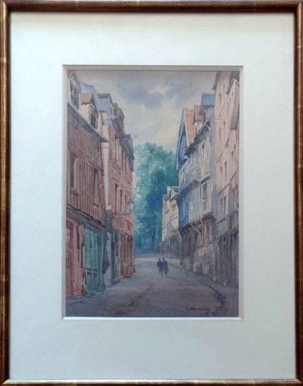 "C. NORMAND Rue à Rouen. Aquarelle sur papier. Cad