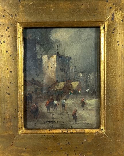 Sergio Cozzuol. Scena: Il mercato. Olio su tavola,
