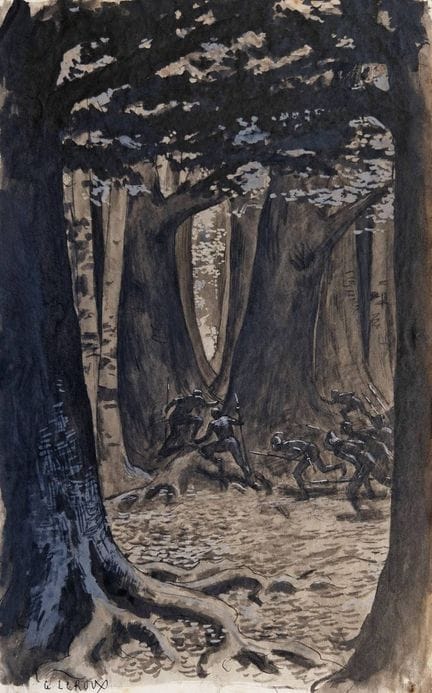 "G. LEROUX  Soldats en embuscade dans une forêt, c