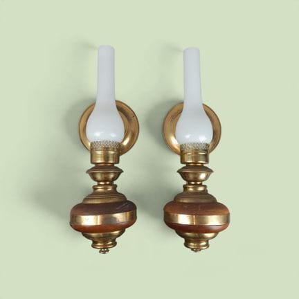 PAIR OF WALL SCONCES Brass and glass wall sconces.