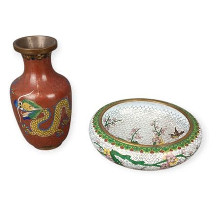 CUP AND PITCHER Cloisonné enamel items. Slight chi