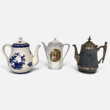THREE TEAPOTS made of enamel, ceramic, and porcela