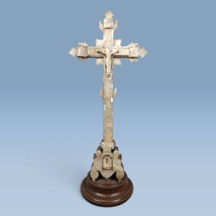 CRUCIFIX made of olive wood inlaid with carved and