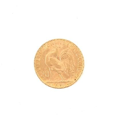 20-FRANC GOLD COIN WITH ROOSTER, 1908
Obverse: Rig