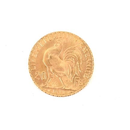 20-FRANC GOLD COIN WITH ROOSTER, 1912
Obverse: Rig