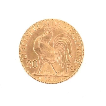 20-FRANC GOLD COIN WITH ROOSTER, 1910
Obverse: Rig