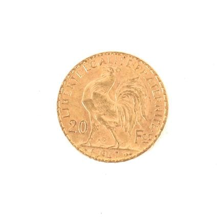 20-FRANC GOLD COIN WITH ROOSTER, 1907
Obverse: Rig