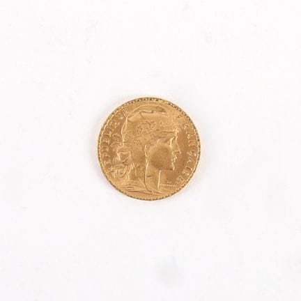 20-FRANC GOLD COIN WITH ROOSTER, 1906
Obverse: Rig