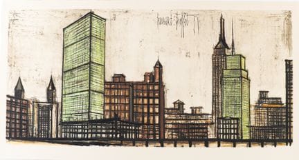 画作《纽约天际线：联合国大楼》，据伯纳德·布菲（1928-1999）作品改编
纸本彩绘，纸张粘贴于硬