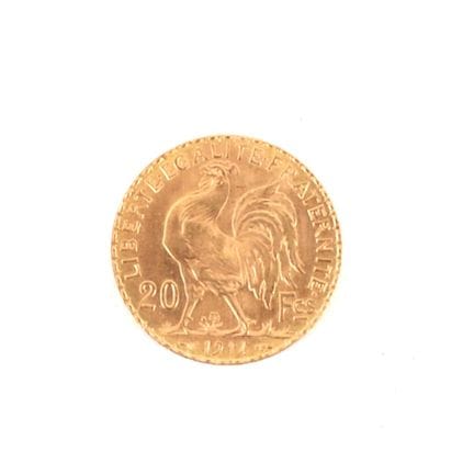 1914 20-FRANC GOLD COIN WITH ROOSTER
Obverse: Righ