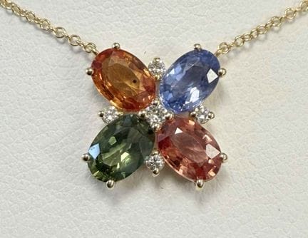 YELLOW GOLD NECKLACE FEATURING ORANGE, GREEN, AND 