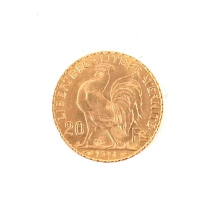 1914 20-FRANC GOLD COIN WITH ROOSTER
Obverse: Righ