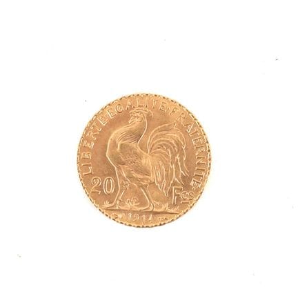 1914 20-FRANC GOLD COIN WITH ROOSTER
Obverse: Righ