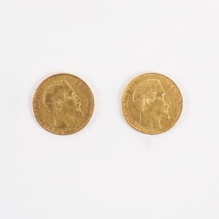 TWO 20-FRANC GOLD COINS, NAPOLEON III, 1855
Obvers