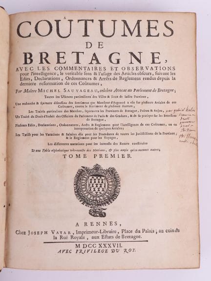 *[COÛTUMES DE BRETAGNE] SAUVAGEAU (Michel) [sieur 