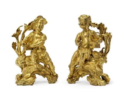 Coppia di alari con figure “savoiarde” in bronzo c
