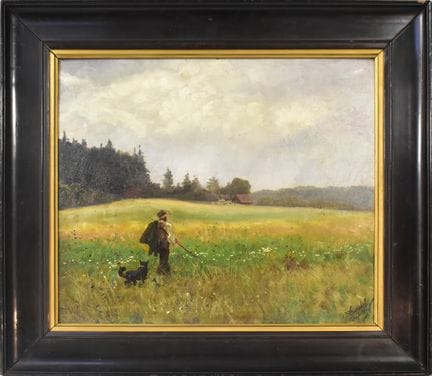 Wanderer mit Hund auf blühender Wiese   Hendschel,