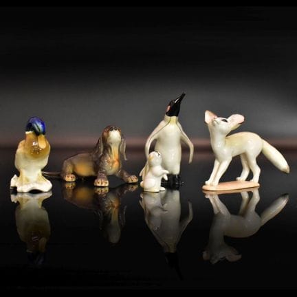 Fünf Tierfiguren Pinguin, Wüstenfuchs, junger Dack
