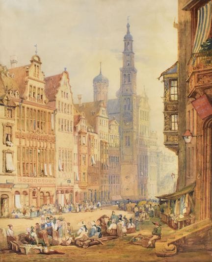 Die Karolinenstraße in Augsburg mit Perlachturm un