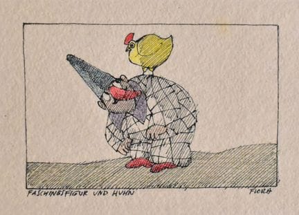 Faschingsfigur und Huhn   Flora, Paul 1922 Glurns 