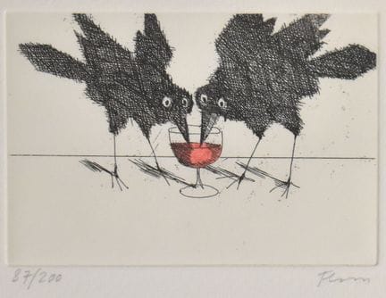 Zwei Raben mit Weinglas   Flora, Paul 1922 Glurns 