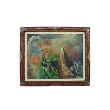 布面油画，描绘了一张面孔置于超现实主义背景中，装裱于一幅大型装饰性木框内，木框涂有勃艮第红与金色调。