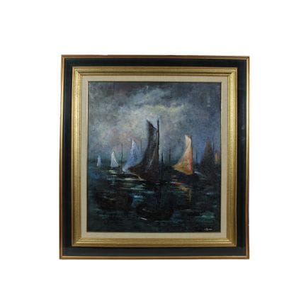 布面油画，描绘了带有船只的海景，署名A. Storace，装裱于镀金木框内。意大利，20世纪，画作尺