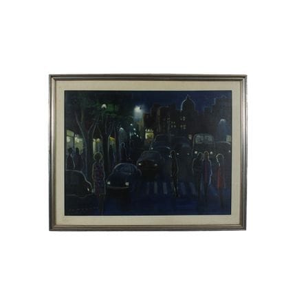 E. FANTUZZI 油画布，描绘了城市一角，画面中有人物和汽车，装裱在镀银木框内，画作背面有签名