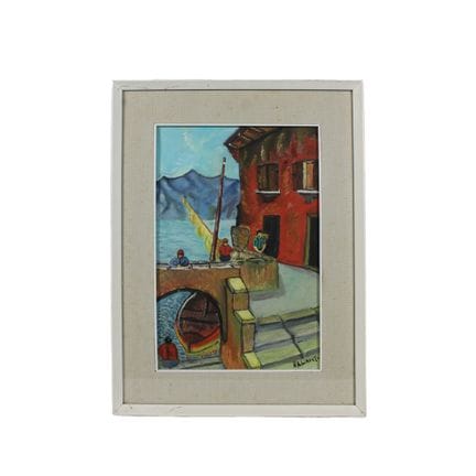 A. DI LIBERTO 木板油画，描绘了海边村庄的侧景及一艘小船。装裱于白色漆面木框内。 意大利