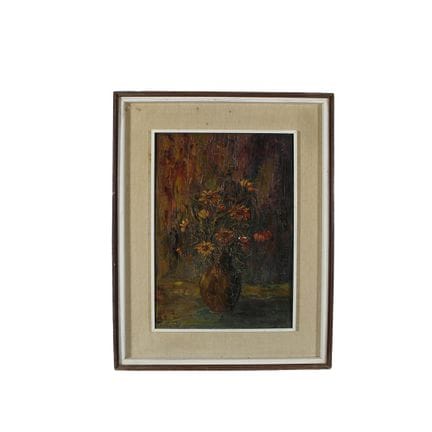 画板油画，描绘花瓶插花，装裱于木框内。签名模糊。 意大利 20世纪上半叶 高72×49厘米——画框高