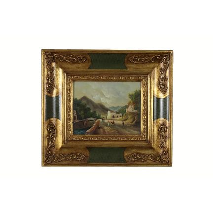 油画（画于胶合板上），描绘了河畔风景，画面中有人物和房屋，装裱在精美的装饰画框内，画框为镀金并涂有绿