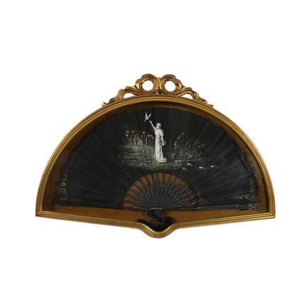 FAN  with ebonized wooden ribs and a painted fabri