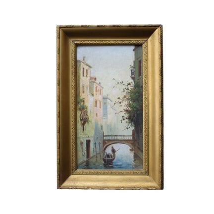 桌上油画，描绘威尼斯运河上的贡多拉，署名 V. Udine（巴勒莫，1898-1981 年）。乌迪内