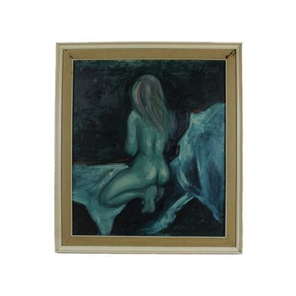 布面油画，描绘了一名女性裸体，装裱在白色漆面木框中。签名模糊。意大利，70年代，画作尺寸：高80厘米